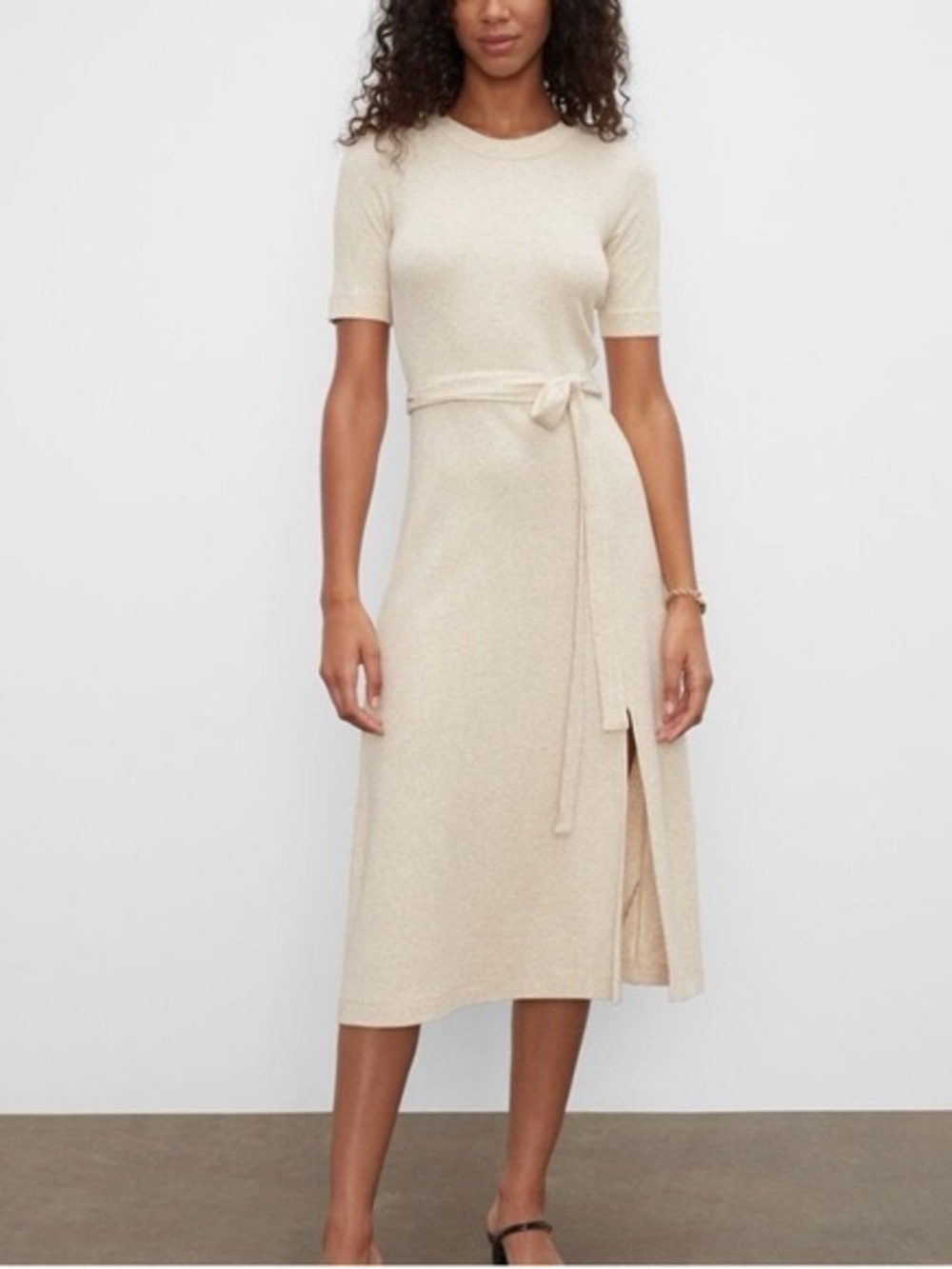Club Monaco Short Sleeve Rib-Knit Waist Tie Midi Dress Cotton Modal M Medium